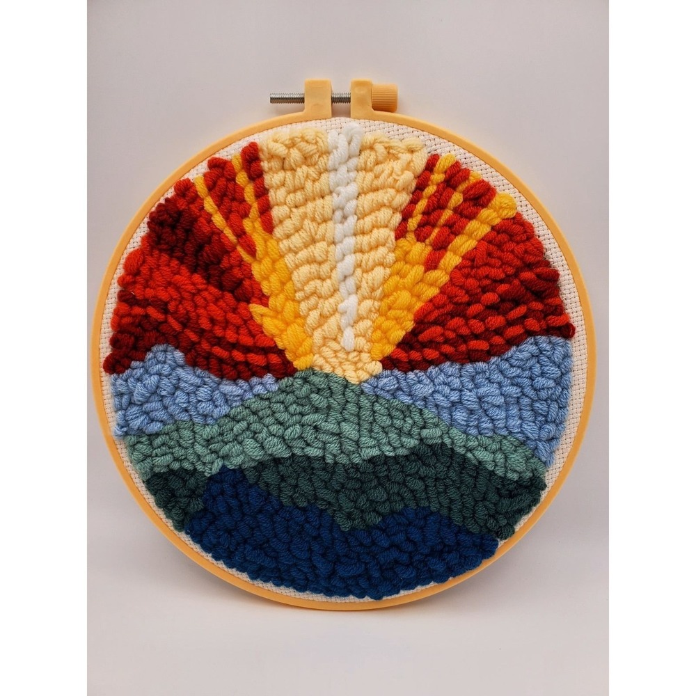 Stunning Handmade Sunset Mountain Punch Needle Art - 8" Hoop